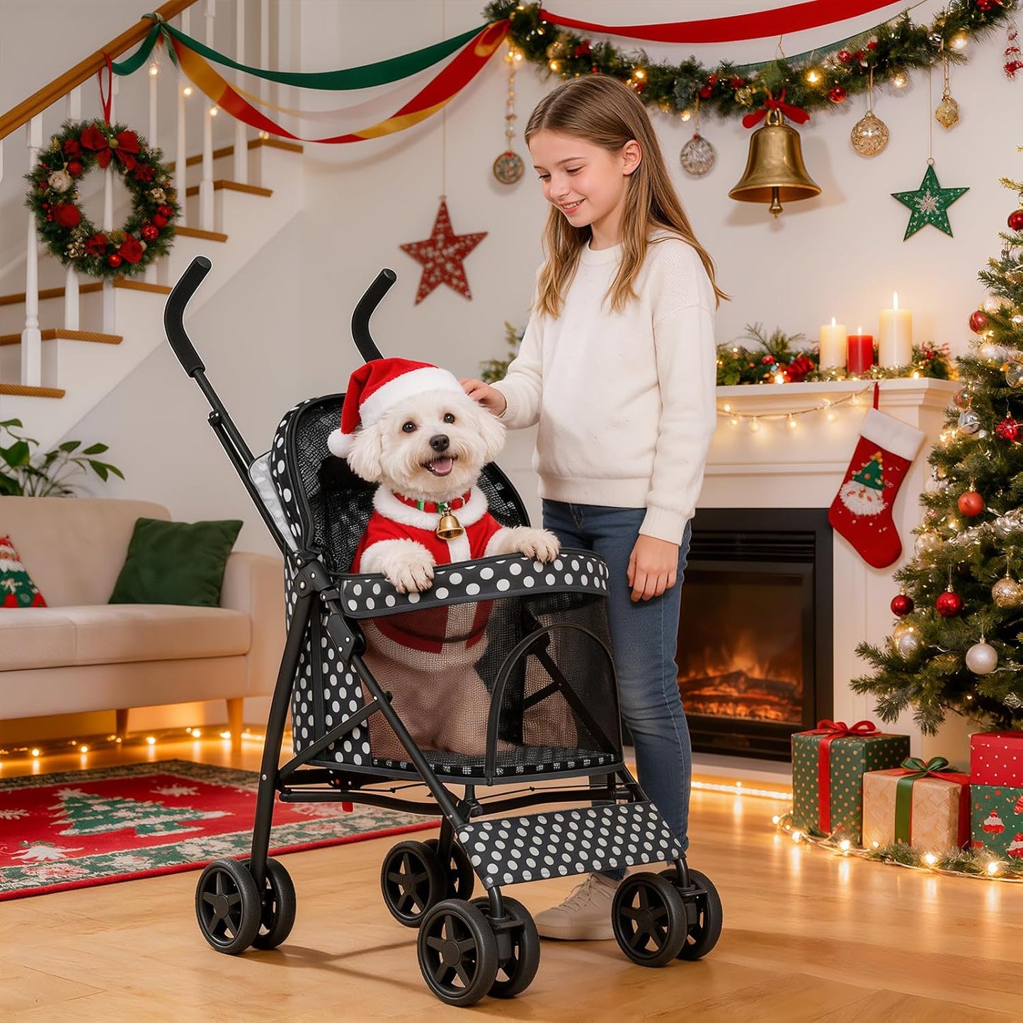 MoNiBloom 4 Wheels Pet Stroller, Easy-Fold Puppy Cage Jogger Stroller with Sun Cover, Pad and Rear Storage Bag, Breathable and Visible Mesh for Small/Medium Pets up to 22 lbs, Black