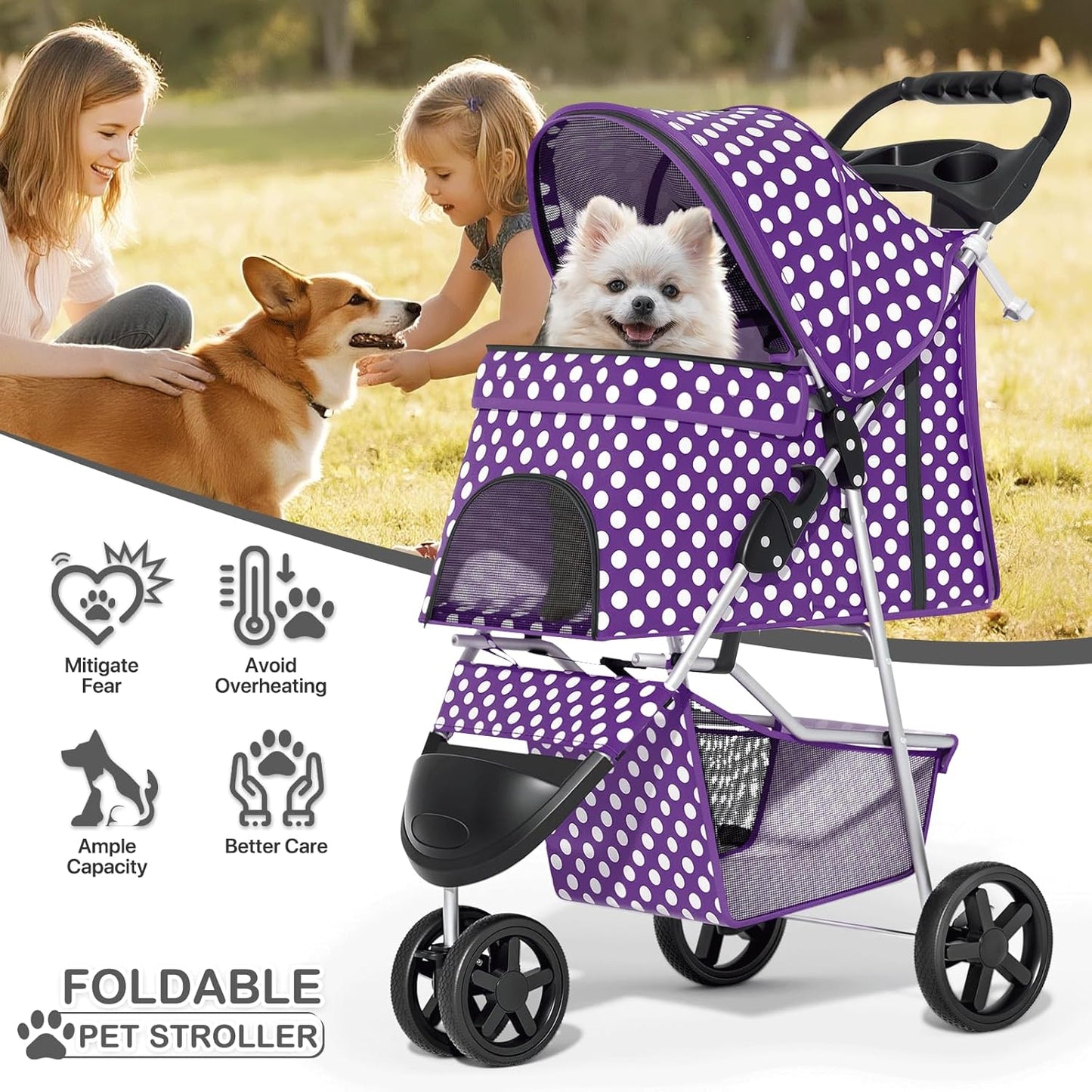 MoNiBloom Foldable Pet Stroller with Weather Cover, 3 Wheels Pet Strolling Cart for Small/Medium Dogs and Cats with Storage Basket and Cup Holder, Breathable and Visible Mesh for All-Season, Black
