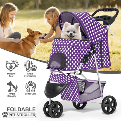 MoNiBloom Foldable Pet Stroller with Weather Cover, 3 Wheels Pet Strolling Cart for Small/Medium Dogs and Cats with Storage Basket and Cup Holder, Breathable and Visible Mesh for All-Season, Black