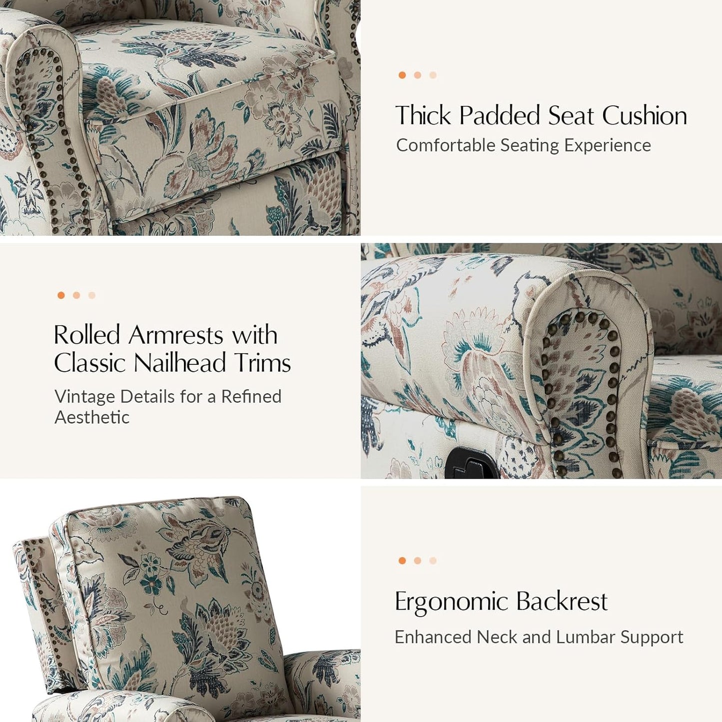 HULALA Home Modern Rocker Recliner, Printed Fabric Swivel Glider with Adjustable Backrest & Footrest, JEACOBEAN