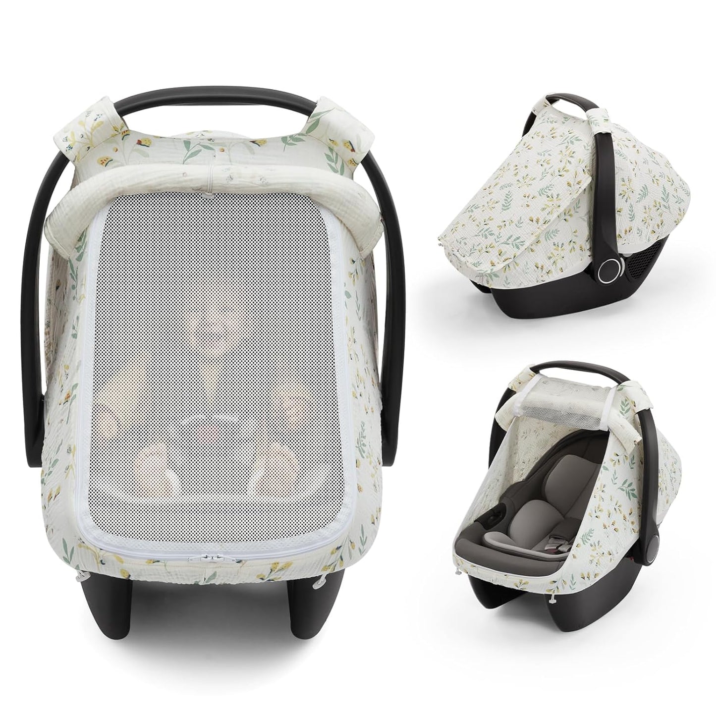 Blissful Diary Baby Car Seat Cover, Extra Large Mesh Window, Breathable Muslin Cotton, Infant Windproof Canopy, Agreeable Gray