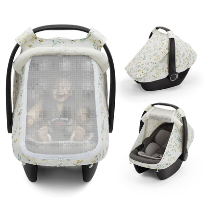 Blissful Diary Baby Car Seat Cover, Extra Large Mesh Window, Breathable Muslin Cotton, Infant Windproof Canopy, Agreeable Gray