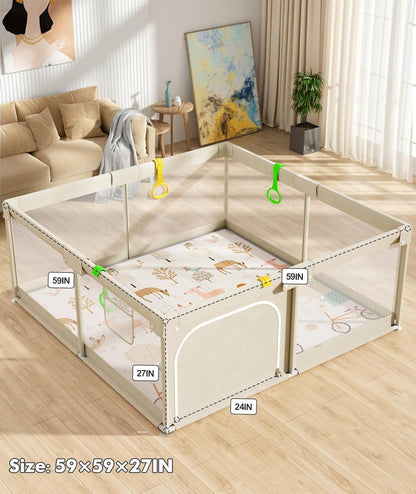 Mloong Baby Playpen with Mat, 59x59 Inches Extra Large Playpen for Babies and Toddlers, Indoor & Outdoor Activity Center, Safety Baby Fence