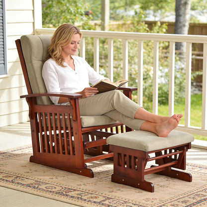Glider Rocking Chair with Ottoman Set, Solid Wood Nursery Glider Rocker with Padded Cushion, High Back Upholstered Swivel Glider for Living Room, Nursing, Reading, 280LBS Weight Capacity,Oak+Khaki