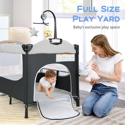 INFANS Pack and Play, 5 in 1 Baby Bedside Sleeper with Bassinet, Diaper Changer, Mattress, Carry Bag, Music Box Hanging Toys, Foldable Bedside Crib, Portable Playard for Newborn Toddlers (Gray)