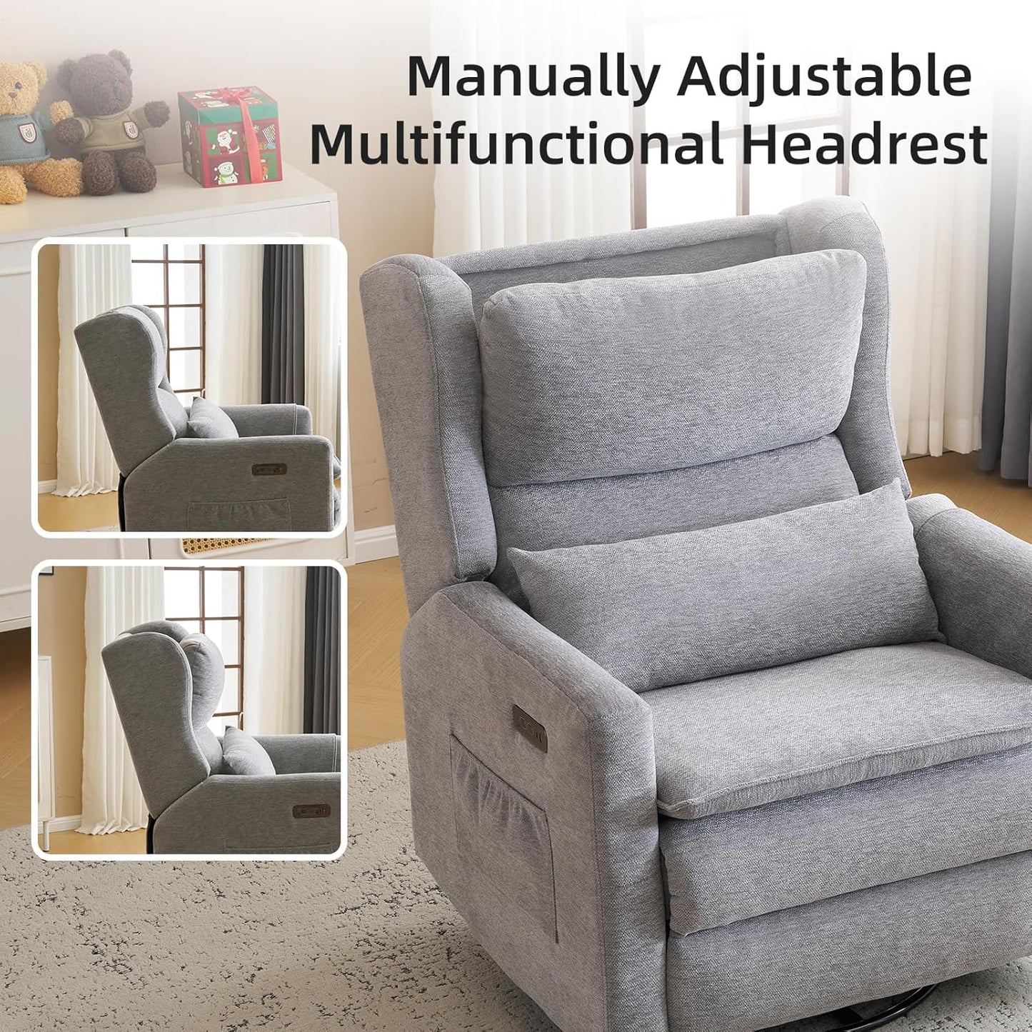 Large Glider Rocker Recliner,Rocking Chair Nursery with Adjustable Headrest,Swivel Rocker Recliner with Lumbar Support,Manual Nursery Rocker Recliner for Living Room& Bedroom,Chenille White