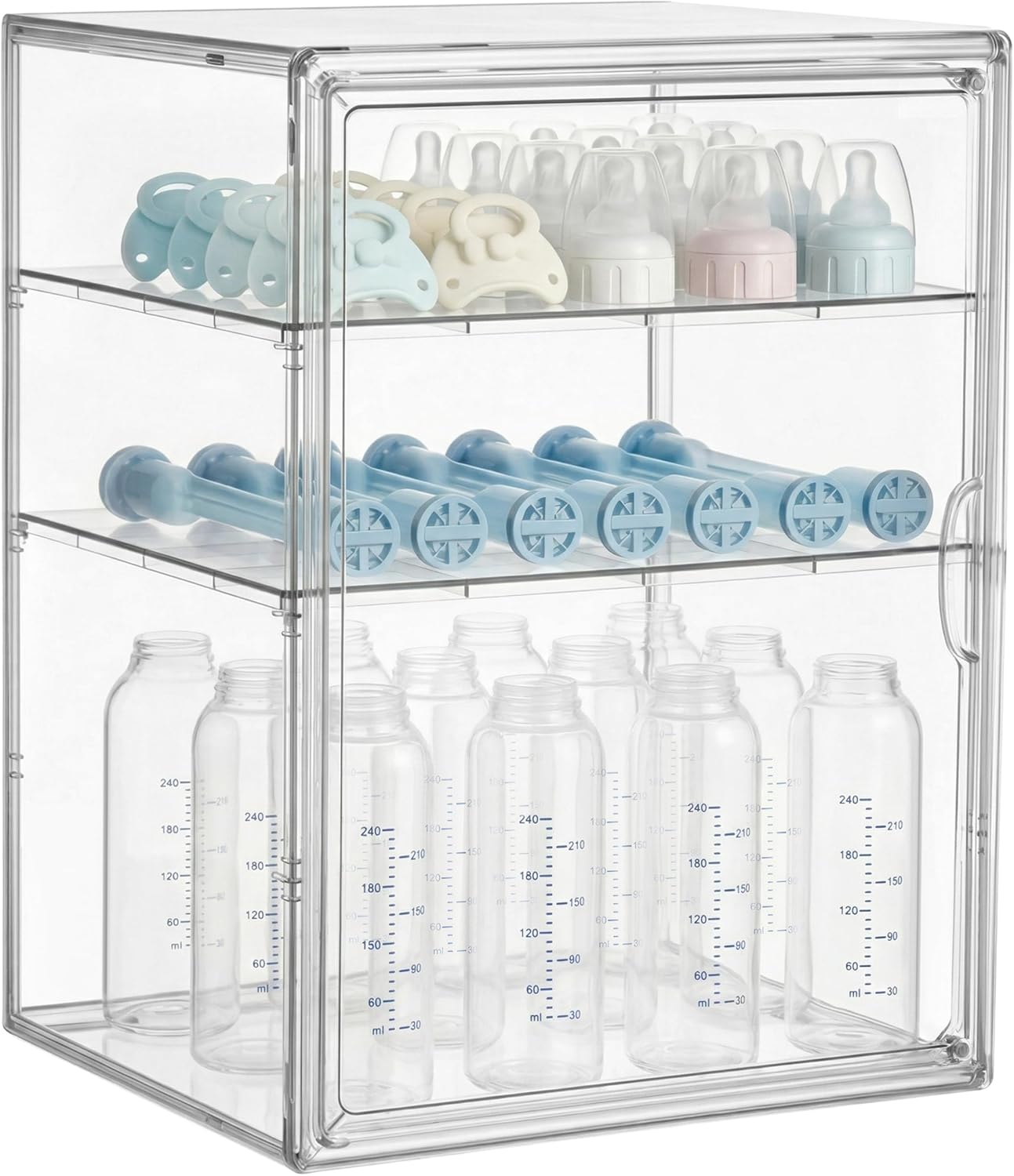 HBlife Baby Bottle Storage Organizer for Countertop Cabinet, 3 Tiers Adjustable Clear Acrylic Bottles Storage Station Case Box Container with 2 Removable Dividers and Magnetic Door, Large