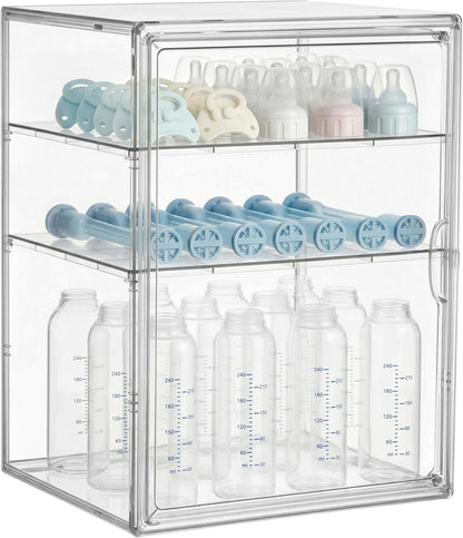 HBlife Baby Bottle Storage Organizer for Countertop Cabinet, 3 Tiers Adjustable Clear Acrylic Bottles Storage Station Case Box Container with 2 Removable Dividers and Magnetic Door, Large