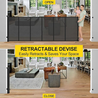 Reinforced 42” Tall x 130” Extra Wide Retractable Baby Gates Extra Tall Pet Gate for Wide Openings Long Dog gate with Rods to Prevent Crawling Through, Dog Gates for Doorways Indoor Outdoor, Black