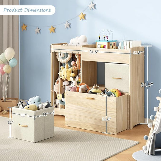 EXPERLAM Toy Organizer and Stuffed Animals Storage, All-in-One Toy Shelf with Stuffed Animal Holder, 2 Drawers, Movable Toy Chest & Top Shelf, Solid Wood Bedroom Toy Storage Organizer