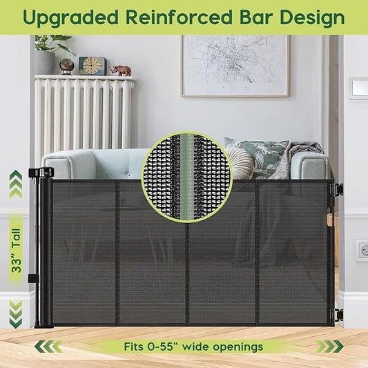 Reinforced 55" Wide Retractable Baby Gates with Reinforced Strips, Indoor/Outdoor Retractable Dog Gate for Doorway Prevent Bottom Drilling Through, No Bottom Bar Safety Mesh Baby Gate for Stair, Black