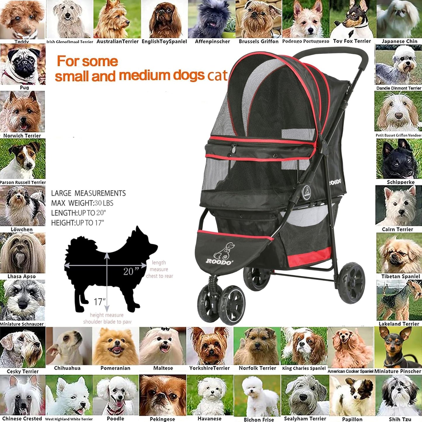 ROODO Escort 3 Wheel Dog Cat Pet Stroller for Small/Medium Dogs Cats Best Lightweight Foldable Portable Compact Jogger All Terrain Travel Pet Gear System Puppy Doggie Bunny Kitty Stroller(Grey)