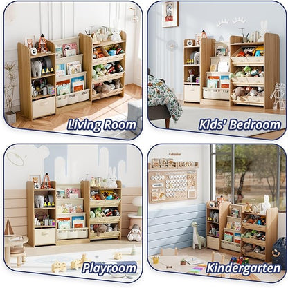 IKALIFE Kids Toy Book Storage Organizer - Large Bookshelf with 7 Removable Bins, Baby Bookshelf and Toy Storage, 4-Tier Book Shelf for Kids Room, Playroom, Classroom, 51 inch, Burlywood
