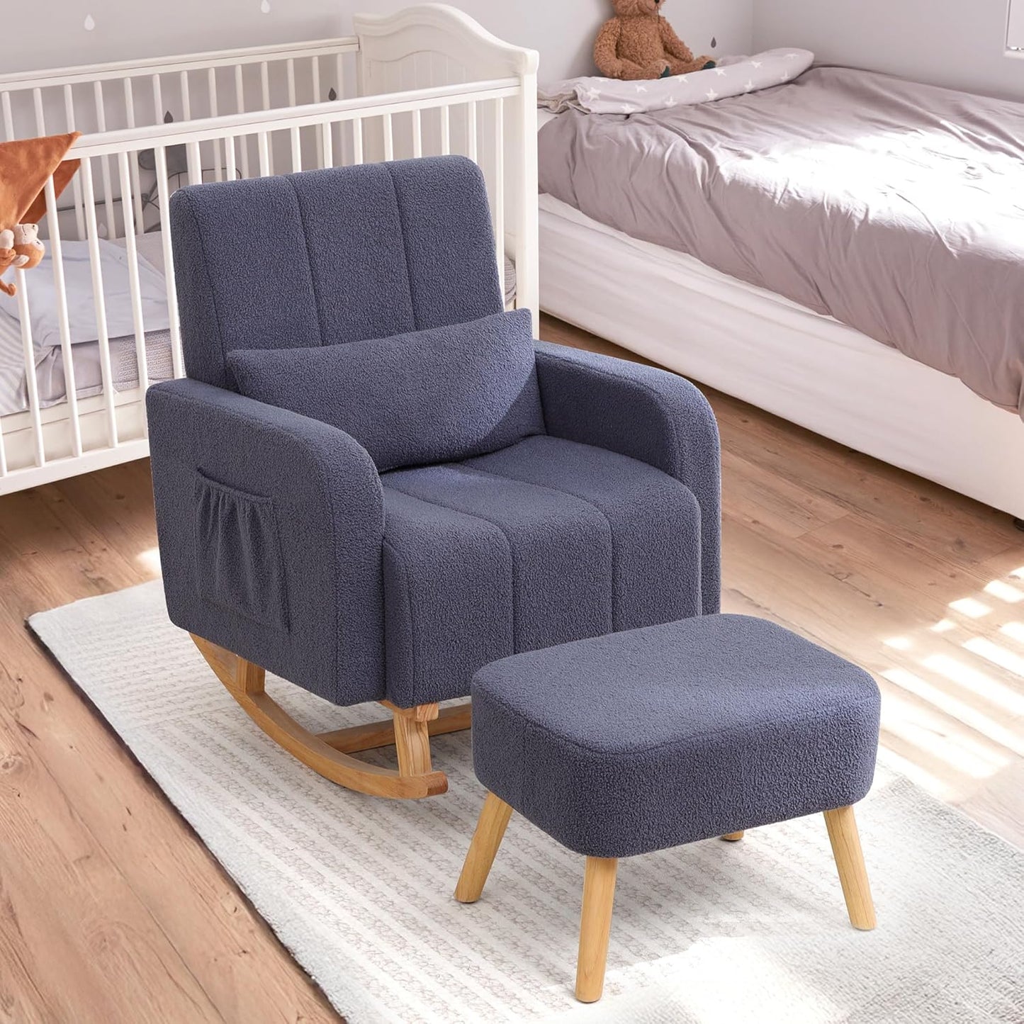 HCHAIRH Nursery Rocking Chair with Ottoman, Upholstered Glider Rocker with High Backrest Side Pocket, Rocking Accent Armchair with Solid Wood Legs for Nursery, Living Room, Bedroom, Light Grey