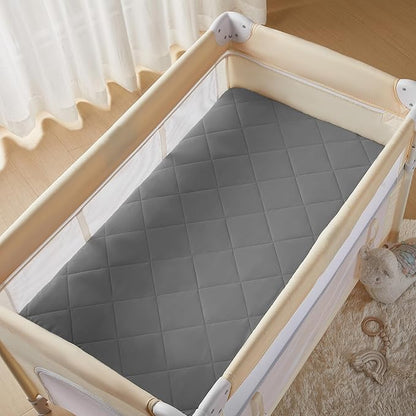 TILLYOU Pack and Play Sheet - Soft Quilted Crib Cover Pad, Toddlers Mattress Protector with 1''-3'' Deep Pocket, Thick Play Yard Playpen Sheets, Breathable Fluffy Crib Mattress Pad, 39"x27", Grey