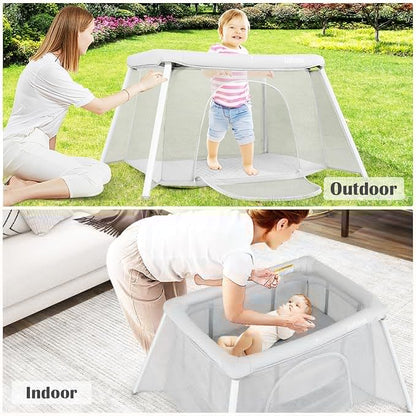 INFANS Travel Crib, Portable Baby Playpen with Removable Bassinet Soft Mattress Carry Bag, Foldable Lightweight Playard Nursery Center for Newborns Toddlers (Light Gray)