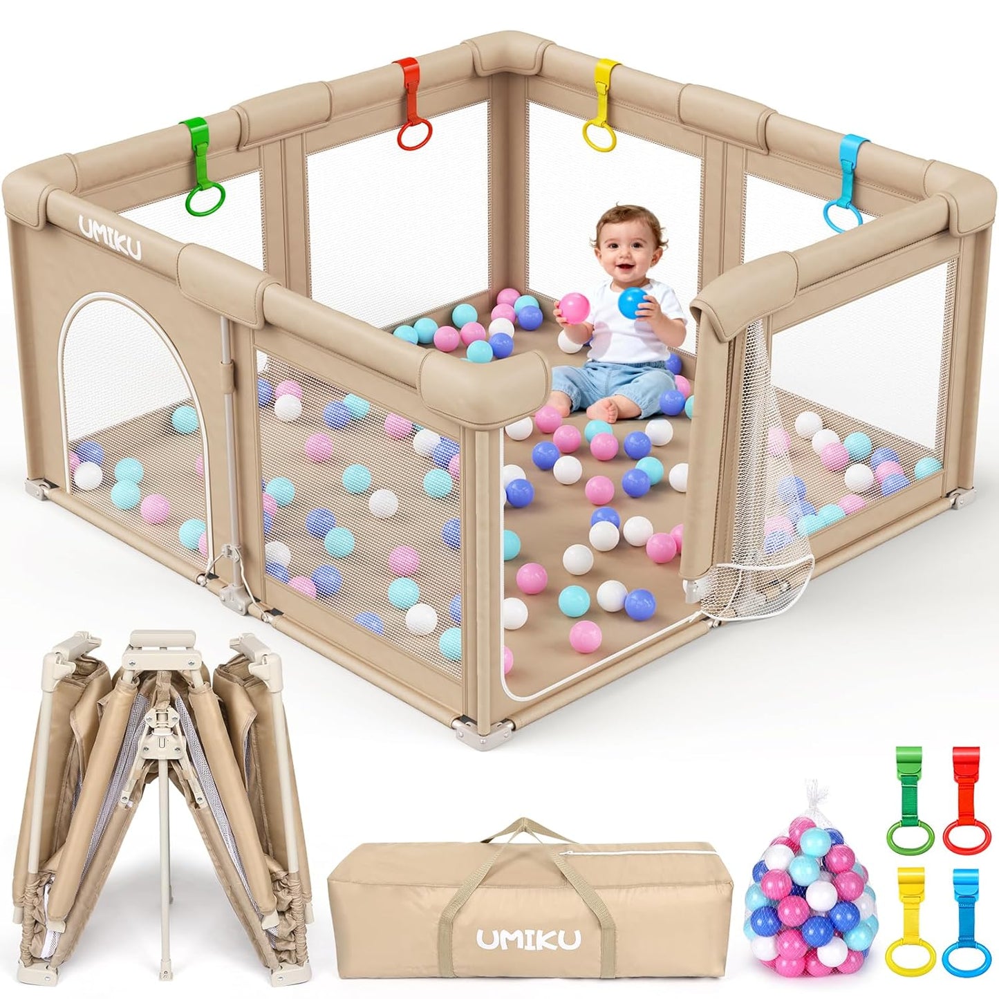 Baby Playpen Foldable Playpen for Babies and Toddlers, Large Playpens Portable Play Pen Play Yard for Kids Fence Indoor Outdoor Travel 4 Handlers 50 Balls Baby Gifts Essentials 50"X50" Dark Grey