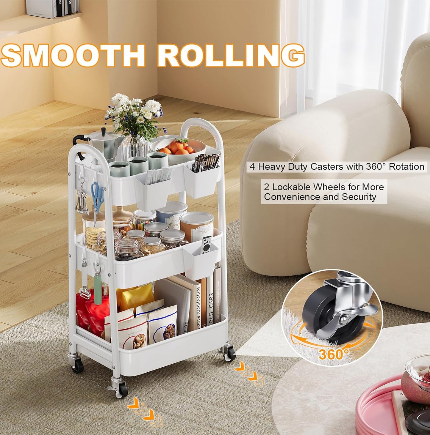 Beige 3 Tier Rolling Cart Metal on Wheels, Three Tiered Storage Organizer Utility Trolley with Wheels for Art, Craft, Baby Diaper Caddy, Snack, Book, Nail, Lash, Cleaning Supplies, Kitchen, Bathroom