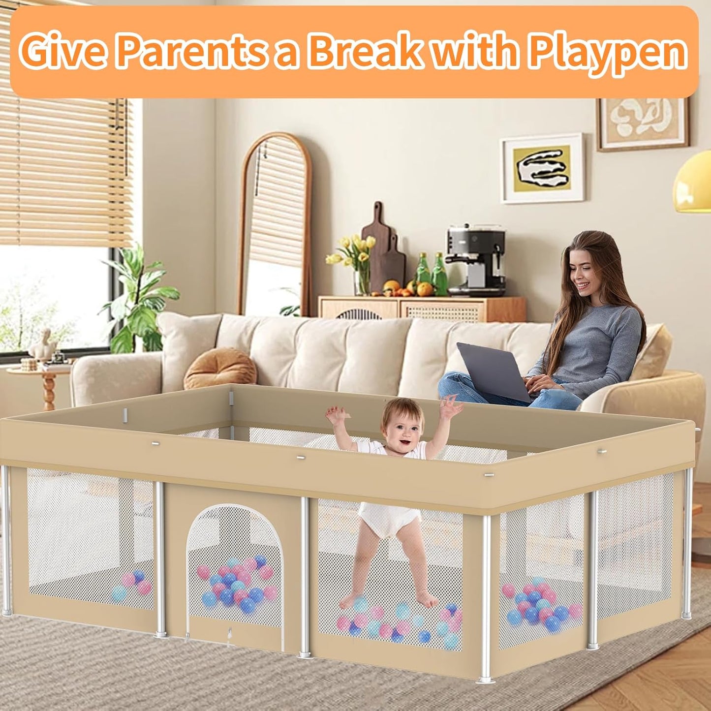 Foldable Large Baby Playpen 71"×71", Portable Playard for Babies & Toddlers, Lightweight Safety Baby Fence, No Installation, Indoor & Outdoor Playpen with 150 Ocean Balls, Beige