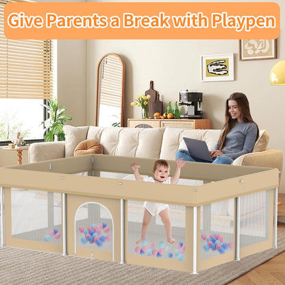 Foldable Large Baby Playpen 71"×71", Portable Playard for Babies & Toddlers, Lightweight Safety Baby Fence, No Installation, Indoor & Outdoor Playpen with 150 Ocean Balls, Beige