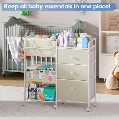 Cidaziya 2In1 Baby Diaper Caddy Organizer and Storage, 3 Tier Rolling Cart with Drawer, Mobile Utility Cart Baby Dresser Clothes Organizer for Crib, Art & Craft Storage, White, 17"W x 11.42"D x 33.5"H