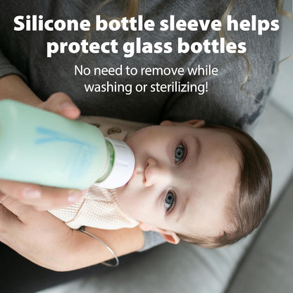 Dr. Brown's Anti-Colic Options+ Narrow Glass Baby Bottles 8 oz/250 mL, with Level 1 Slow Flow Nipple, 3 Pack 0m+ with Mint 100% Silicone Sleeves, BPA-Free