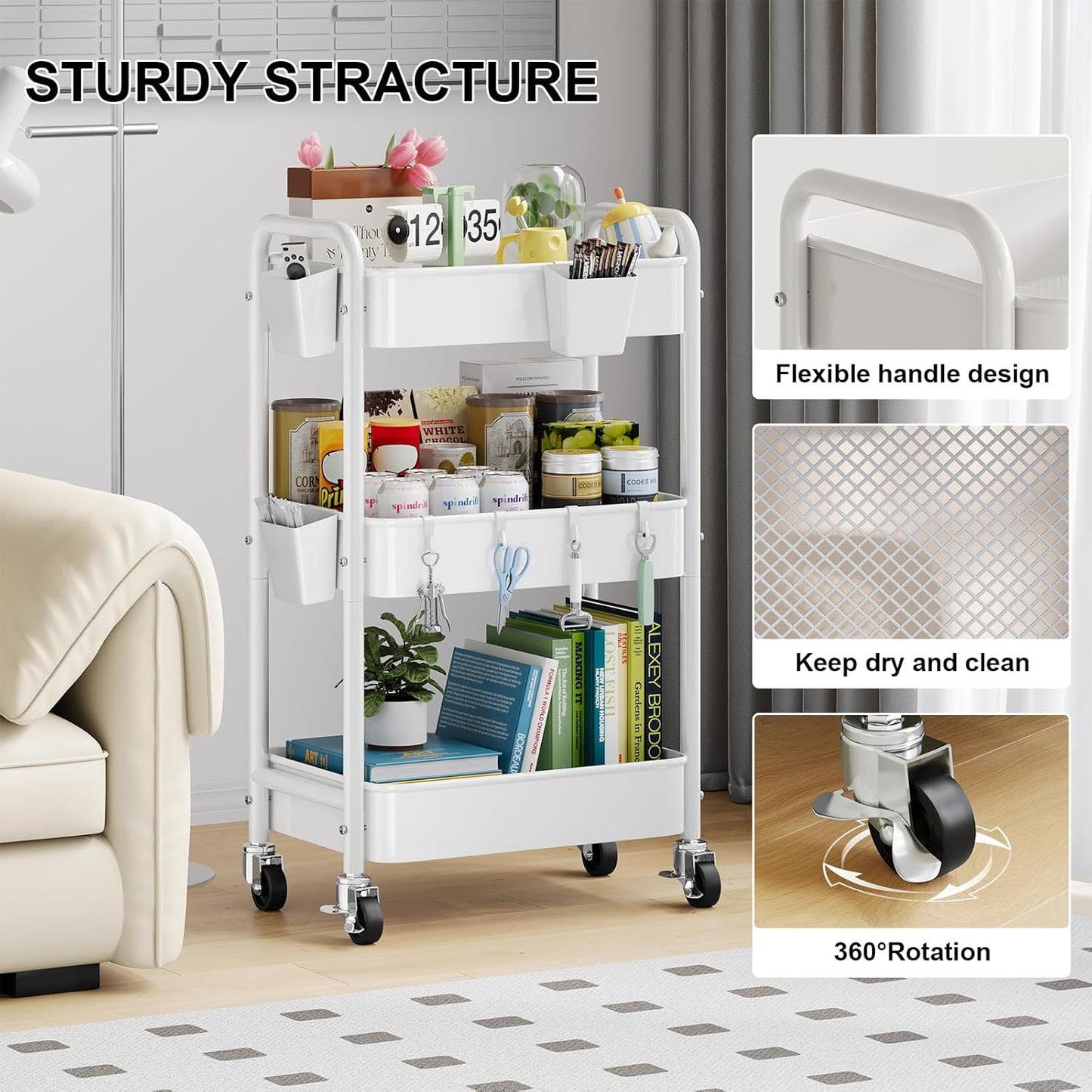 3 Tier Rolling Cart Metal with Lockable Wheels, Pink Three Tiered Diaper Caddy Cart Organizer on Wheels, Storage Utility Trolley Carts for Craft, Art, Nail, Lash, Baby Supplies, Cleaning, Mesh