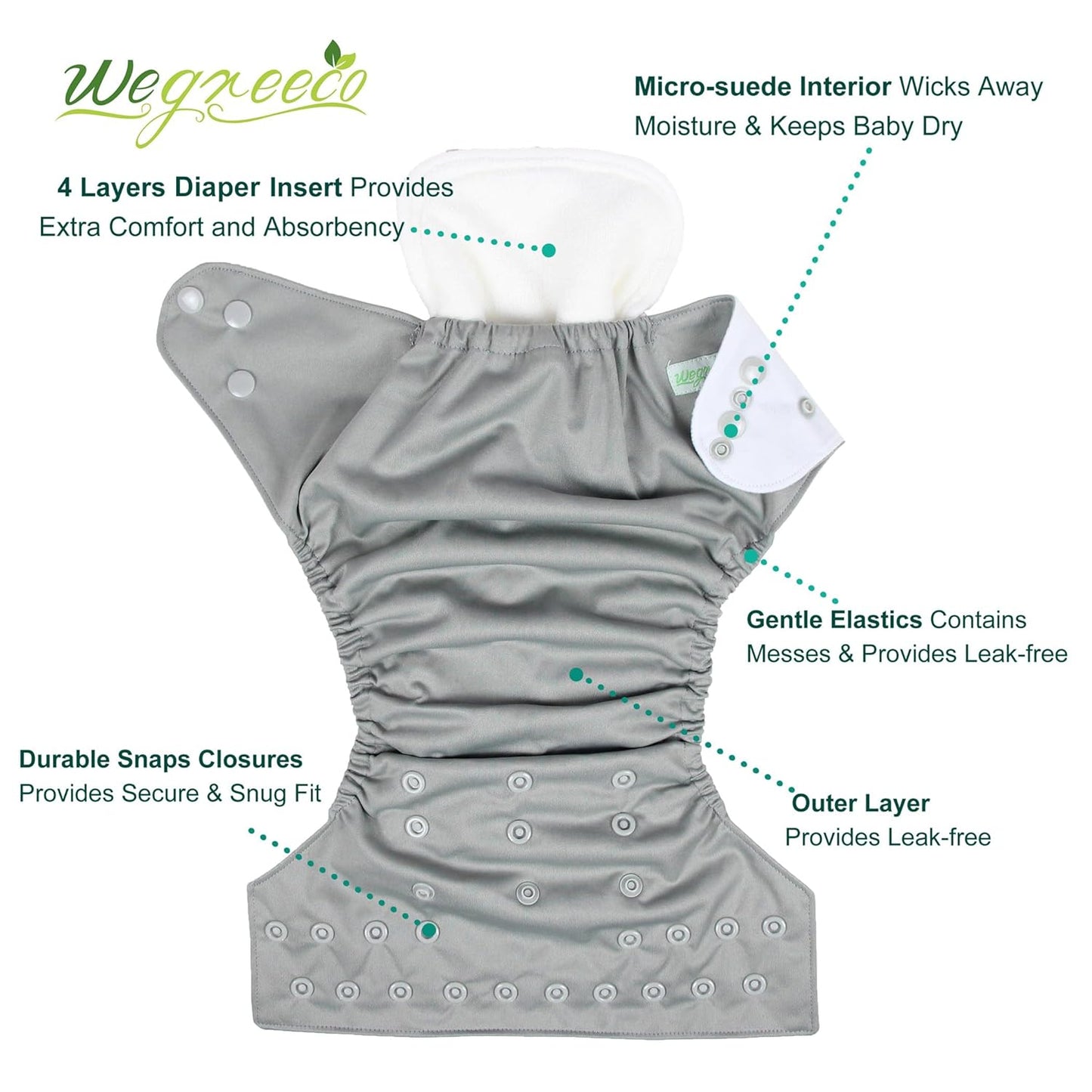 wegreeco Cloth Diapers 6 Pack with 6 Inserts & 1 Wet Bag, Washable Cloth Diapers for Babies, One Size Adjustable Reusable (Flower)