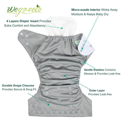 wegreeco Cloth Diapers 6 Pack with 6 Inserts & 1 Wet Bag, Washable Cloth Diapers for Babies, One Size Adjustable Reusable (Flower)