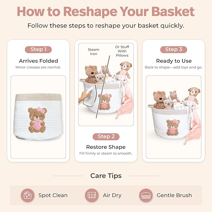 Pink Teddy Bear Storage Basket for Baby Girl Nursery – 15"x11" Cotton Rope Bin with Embroidered Bear Patch – Toy Organizer, Baby Laundry Hamper, Blanket & Diaper Holder – Foldable & Washable