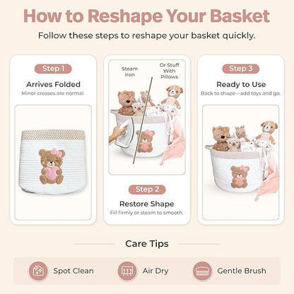 Pink Teddy Bear Storage Basket for Baby Girl Nursery – 15"x11" Cotton Rope Bin with Embroidered Bear Patch – Toy Organizer, Baby Laundry Hamper, Blanket & Diaper Holder – Foldable & Washable