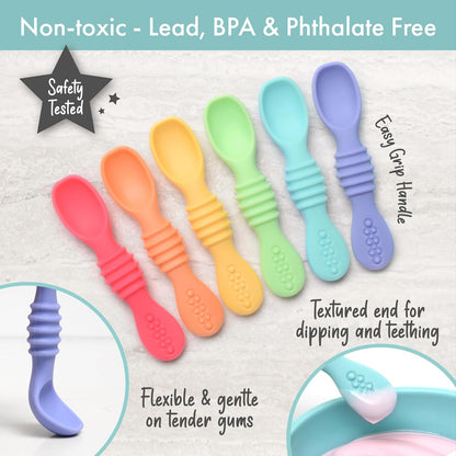 PrimaStella Silicone Chew Spoon Set for Babies and Toddlers | Safety Tested | BPA Free | Baby Spoon 6 Pack (Blue/Green)