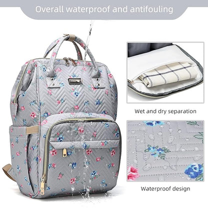 GAIVP Diaper Bag Backpack for Women, Baby Bags for Girls,Diaper Bag with Changing Pad, and Insulated Pockets-Grey Flowers