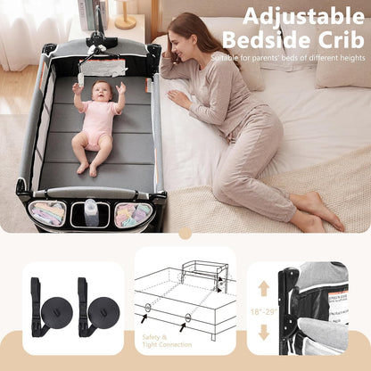 Kinder King 4 in 1 Portable Baby Playard, Foldable Baby Bedside Crib w/Bassinet, Infant Pack and Play Playard Toddler Large Playpen, Newborn Changing Table, Storage Basket, Grey