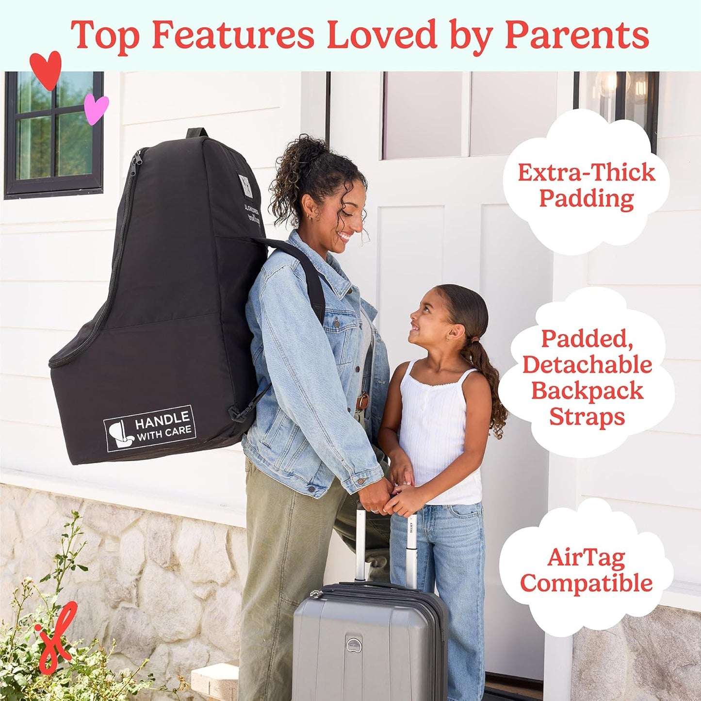 J.L. Childress Padded Backpack Car Seat Bag - Car Seat Travel Bag for Airplane, Cover Fits Most Baby & Infant Carriers & Boosters, Airport Accessories for Gate Check or Baggage Check - Ultimate, Black