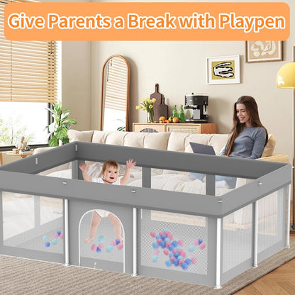 Foldable Large Baby Playpen 71"×71", Portable Playard for Babies & Toddlers, Lightweight Safety Baby Fence, No Installation, Indoor & Outdoor Playpen with 150 Ocean Balls, Beige