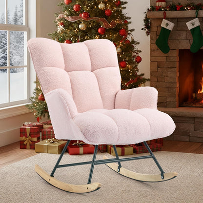 SAETSFEG Rocking Chair Nursery Teddy Upholstered Glider Rocker Rocking Accent Chair Padded Seat with High Backrest Armchair Comfy Side Chair for Living Room Bedroom Offices (Grey Teddy)