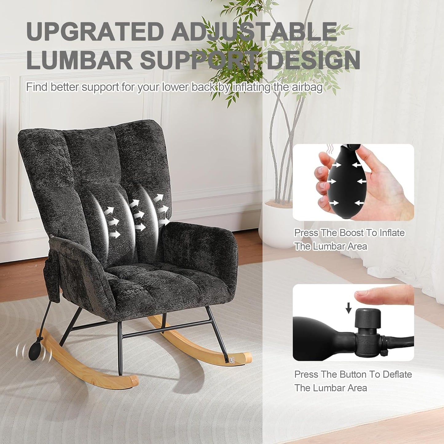 Rocking Chair Nursery with Airbag, Comfy Modern Nursery Rocking Reading Chair indoor with Footrest, Cozy Upholstered Glider Rocker Chairs for Living Room Bedroom Offices(Chenille, Dark Grey)