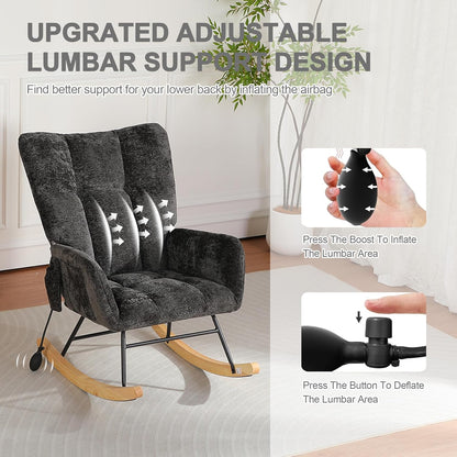 Rocking Chair Nursery with Airbag, Comfy Modern Nursery Rocking Reading Chair indoor with Footrest, Cozy Upholstered Glider Rocker Chairs for Living Room Bedroom Offices(Chenille, Dark Grey)