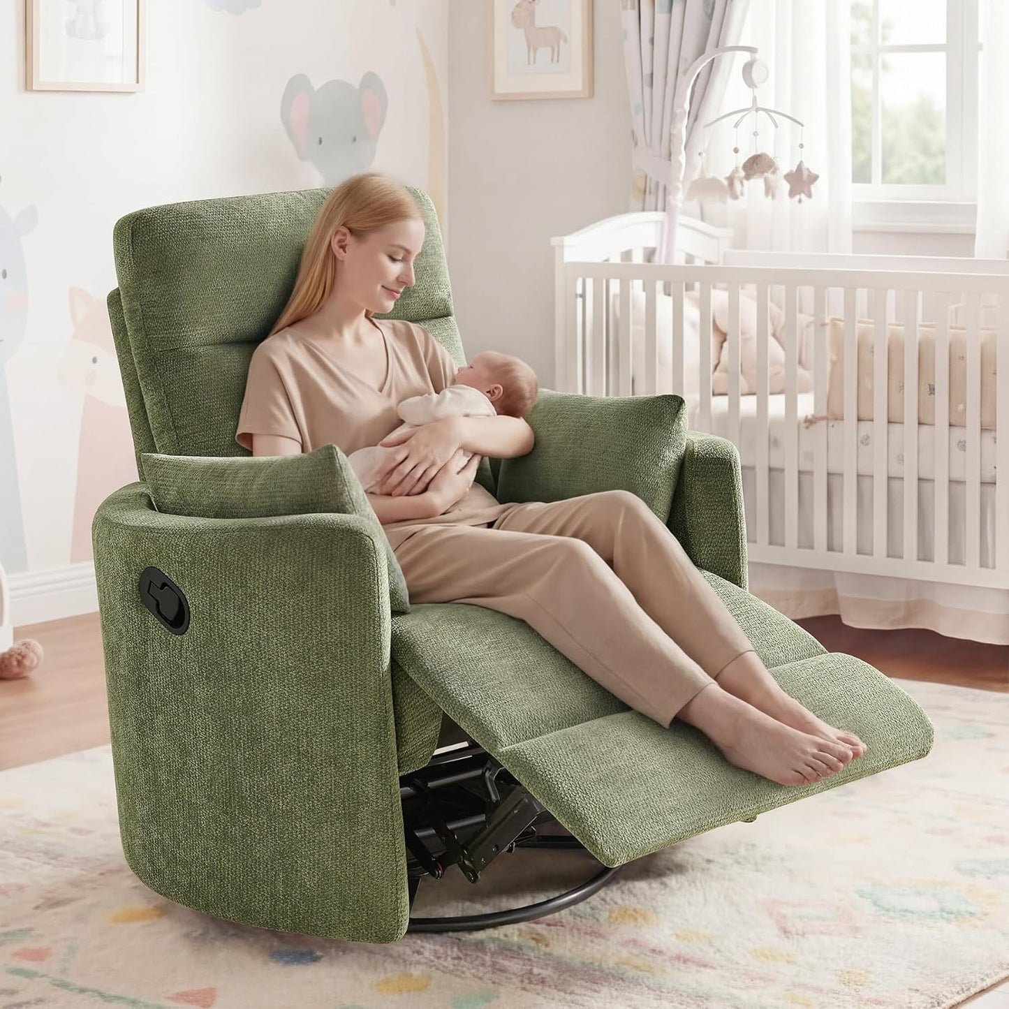 Nursery Rocking Chair, Oversized 360° Swivel Glider Recliner Chair, Upholstered Nursery Rocker with 2 Pillows and Footrest, Cozy Reclining Sofa for Living Room, Bedroom, Nursing, Olive