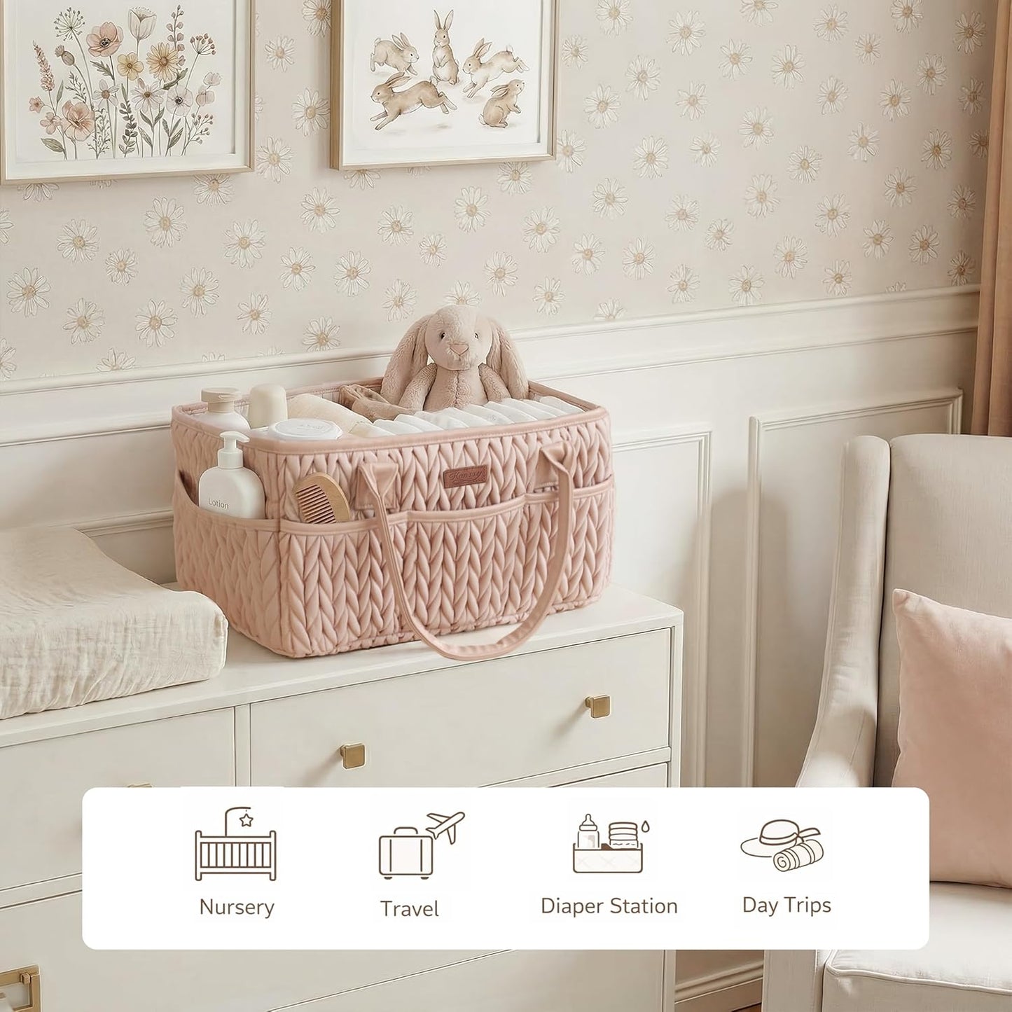 Konssy Braided Quilted Diaper Caddy Organizer, Boho Nursery Storage Basket with PU Leather Handles, Water-Repellent Portable Diaper Basket for Changing Table, Newborn Essentials (Blush)