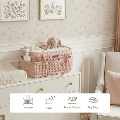 Konssy Braided Quilted Diaper Caddy Organizer, Boho Nursery Storage Basket with PU Leather Handles, Water-Repellent Portable Diaper Basket for Changing Table, Newborn Essentials (Blush)