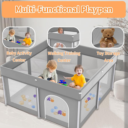 Foldable Large Baby Playpen 71"×71", Portable Playard for Babies & Toddlers, Lightweight Safety Baby Fence, No Installation, Indoor & Outdoor Playpen with 150 Ocean Balls, Beige