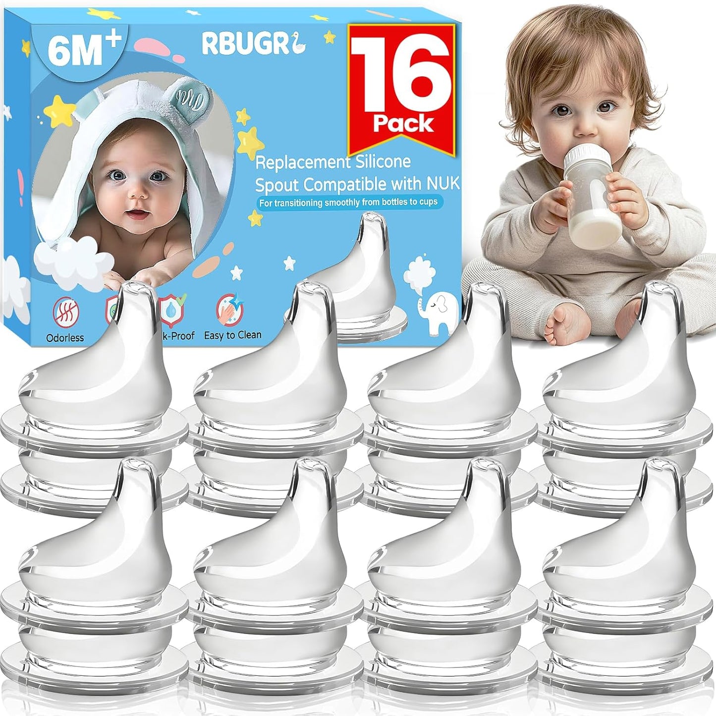 RBUGR 6 Pack Replacement Silicone Spout Compatible with NUK Active and Learner Cups, Sippy Cup Nipple for NUK Sippy Cup & Learner Cup, 100% Silicone Sippy Nipples for 6m+