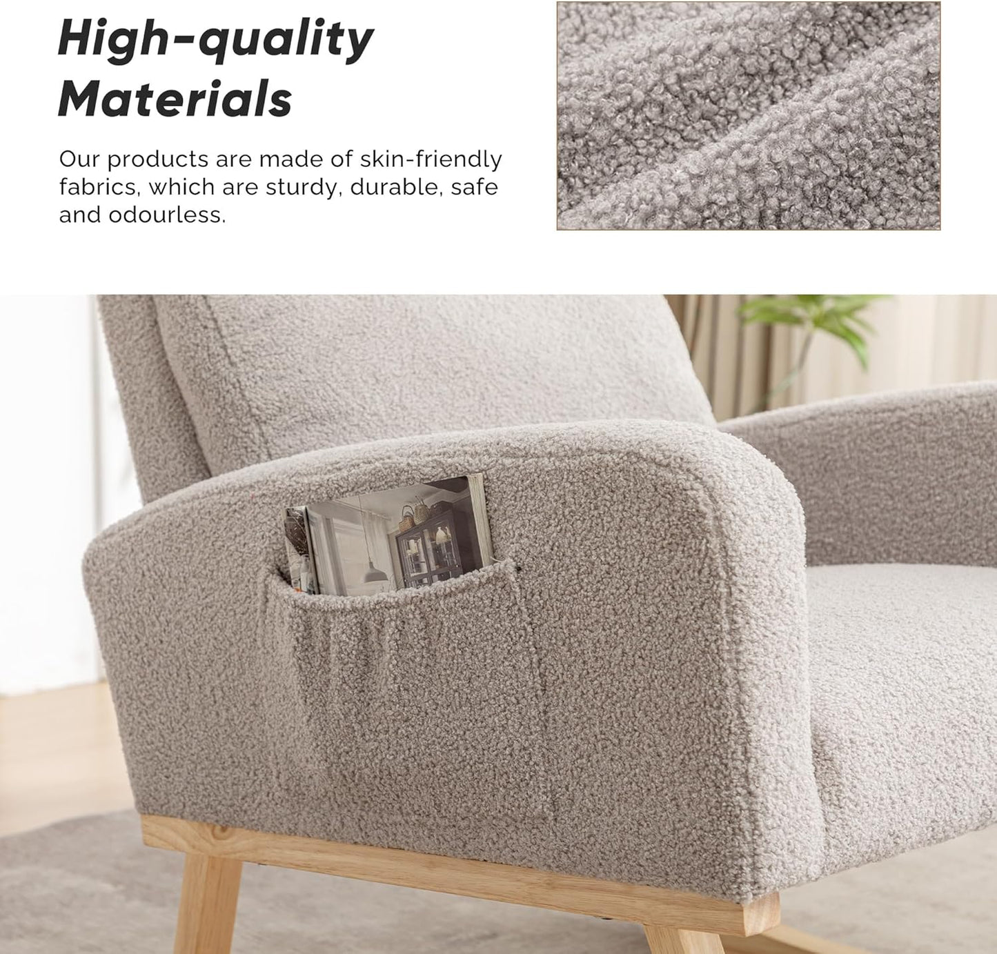 Rocking Chair Nursery, Upholstered Nursing Rocker Chair for Mom with High Backrest and Side Pockets for Bedroom Living Room, Beige