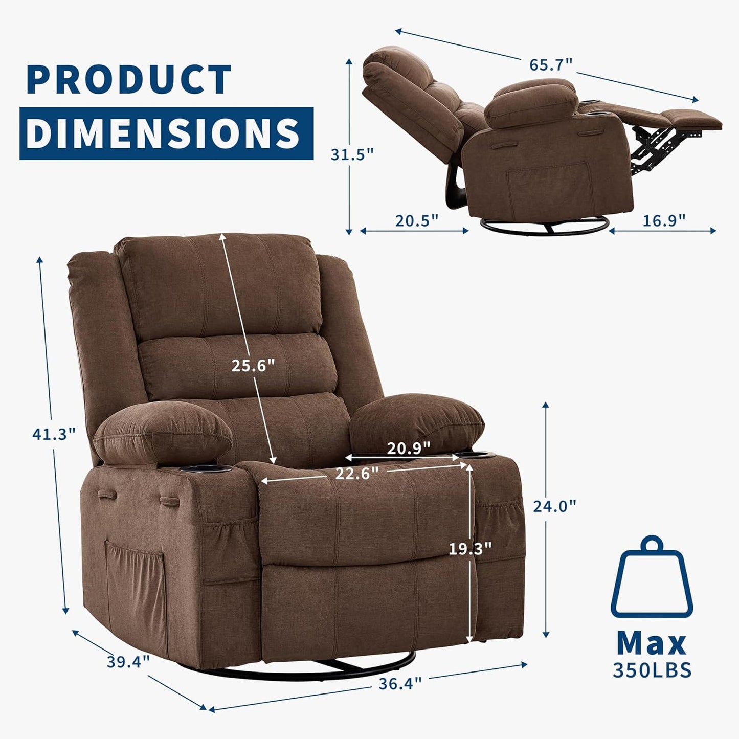 GarveeHome 360° Swivel Recliner Chair for Adult, Linen Rocker Chair with 3 Positions/2 Side Pockets/Cup Holders, Manual Nursery Glider Rocking Chair for Bedroom Living Room Office