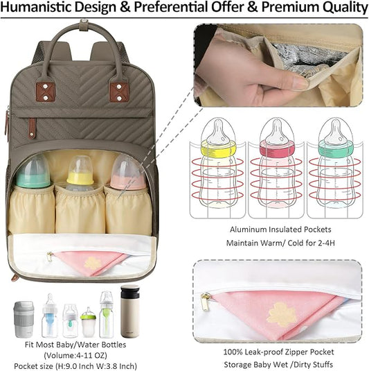 Tenot Diaper Bag Backpack Tote for Women Large Capacity, Baby Bag with Insulated Pockets Multifunctional Diaper Bags For Baby Girl Boy Waterproof Baby Bags For Boys Girls Maternity Bag khaki Brown