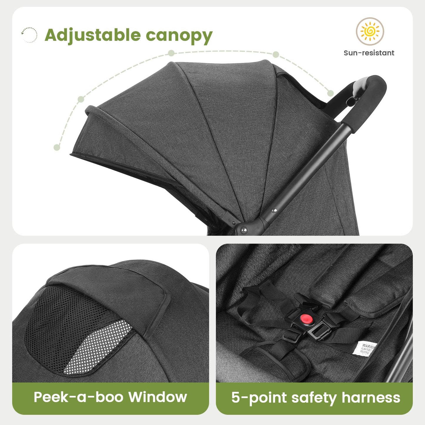 Compact Baby Stroller, Travel Toddler Seat Pushchair with Shock Absorbing Wheels, Foldable Infant Stroller with Canopy, One Button Brake, Convertible Infant Stroller for Toddler (Dark Grey)