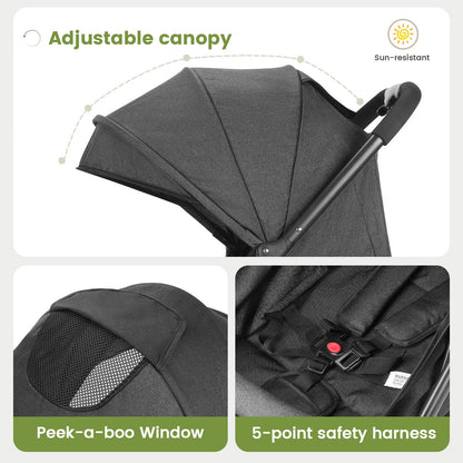 Compact Baby Stroller, Travel Toddler Seat Pushchair with Shock Absorbing Wheels, Foldable Infant Stroller with Canopy, One Button Brake, Convertible Infant Stroller for Toddler (Dark Grey)