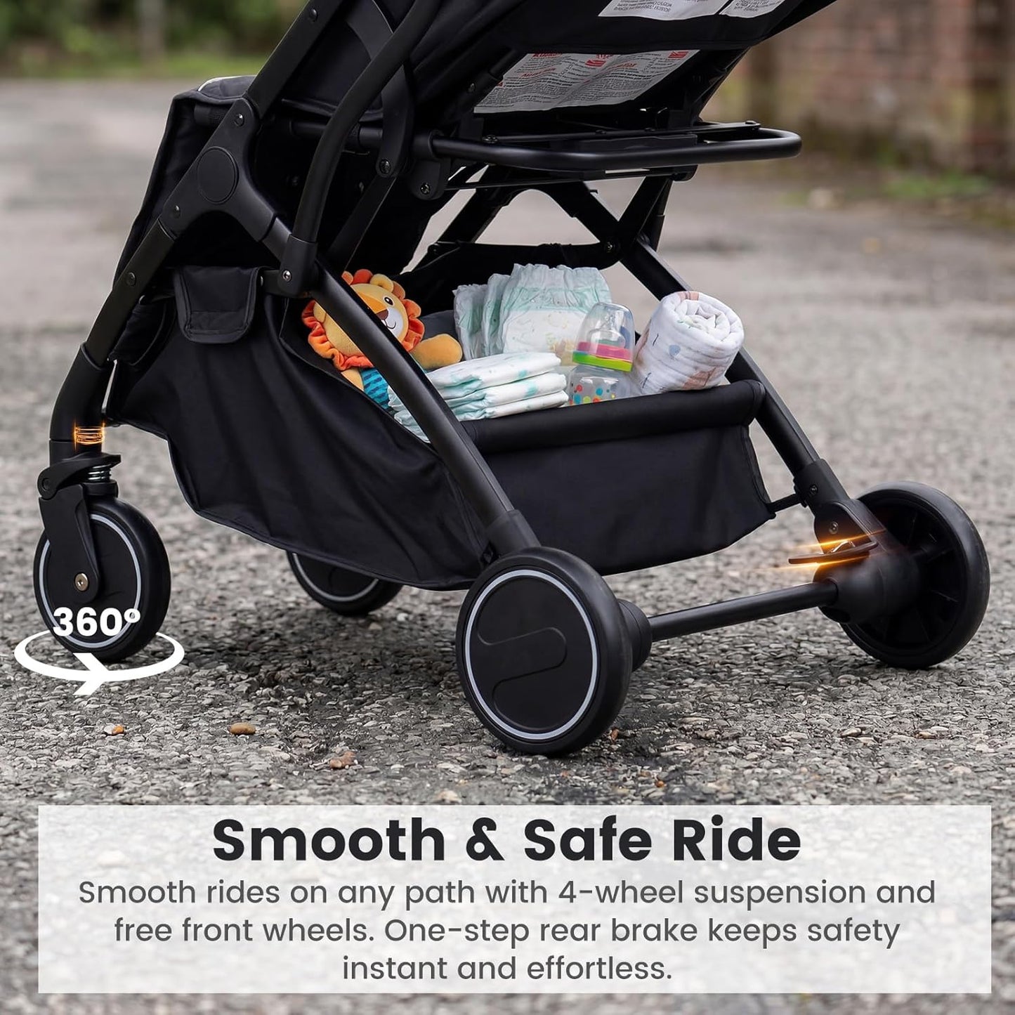 INFANS Travel Stroller, Lightweight Compact Baby Stroller for Airplane with One-Hand Fold, Multi-Position Recline, Canopy, 4 Wheel Suspension, Storage Basket (Grey+Black)